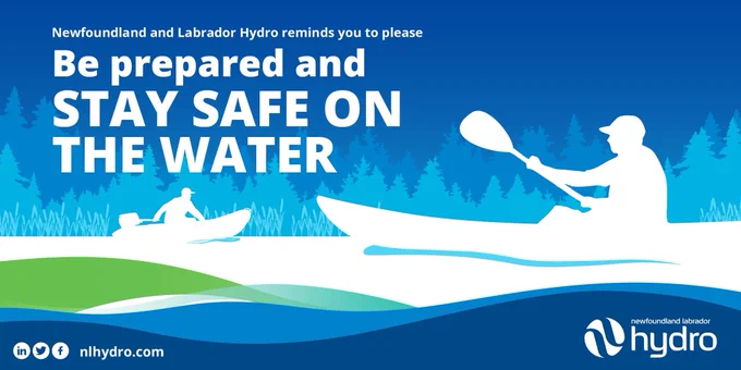 Image showing silhouettes of a person kayaking and a person in a motorized boat, both on the water. Includes the message “Be prepared and STAY SAFE ON THE WATER” with Hydro's website "nlhydro.com" listed below.