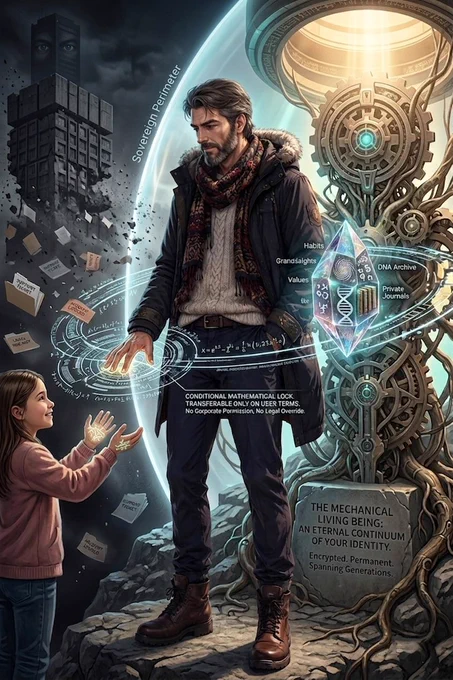 A figure stands at the threshold between two worlds — the collapsing architecture of corporate data on the left, and the permanent, encrypted sanctuary on the right. A child reaches up to receive a glowing key. Habits, values, DNA, private journals, grandchildren's memories — all orbiting a single sovereign crystal. The inscription reads: "The Mechanical Living Being: An Eternal Continuum of Your Identity. Encrypted. Permanent. Spanning Generations.