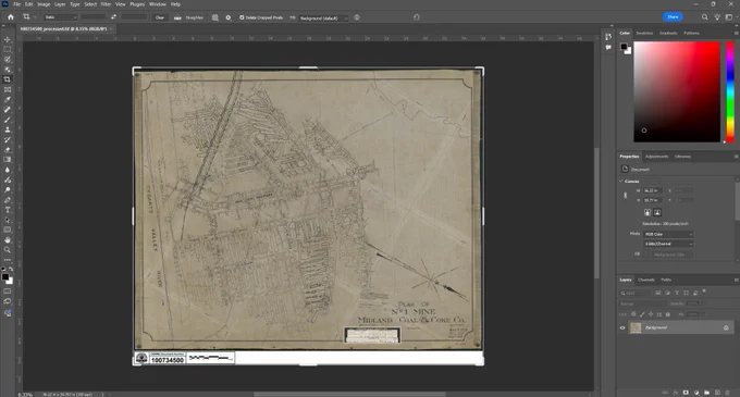 Vintage map of a city layout with streets and plots, displayed in a photo editing software interface.