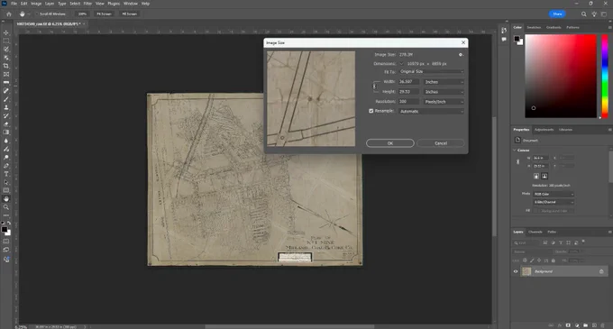 Photoshop interface showing an old, weathered map being resized with the Image Size dialog open.
