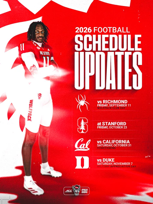 Red and white graphic featuring quarterback CJ Bailey standing on the left with arms crossed.  Text reads 2026 Football Schedule Updates and updated games listed include: vs Richmond on Friday, September 11 (Wolfpack Club Day); at Stanford on Friday, October 23; vs California on Saturday, October 31 (Homecoming); and vs Duke on Saturday, November 7 (Military Appreciation Day). 