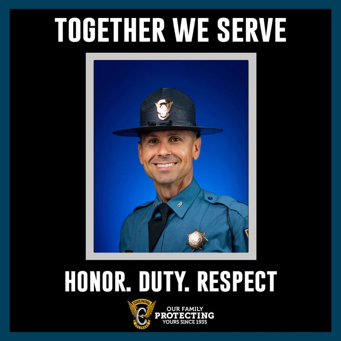 A portrait of a trooper with their campaign hat and smiling. There is a black border surrounding the photo with text, "Together we serve," above the portrait, and text below the portrait that reads, "Honor. Duty. Respect. " 