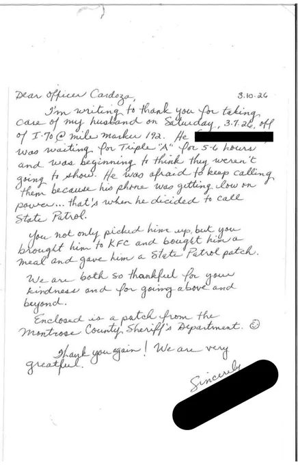 A letter complimenting Trooper Cardoza for a motorist assist in which he helped a stranded driver, bought him a meal at KFC, and gave him a patch. 