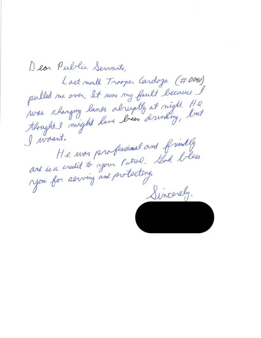 A letter complimenting Trooper Cardoza for being friendly and professional during a traffic stop. 