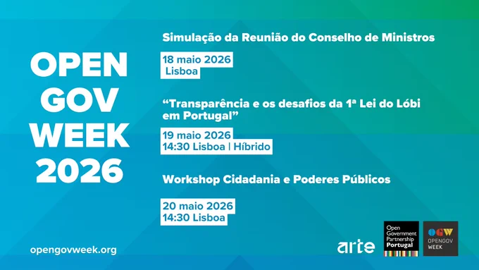 Imagem com fundo azul com o texto “Open Gov Week 2026” e uma agenda com as iniciativas dinamizadas pela OGP Portugal.
