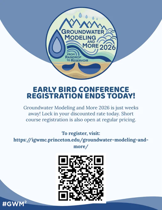 Promotional graphic for "Groundwater Modeling and More 2026: From Raindrop to Reservoir" on a light blue background with colorful geometric designs along the top and bottom edges. The conference logo is centered over the top design. Below the logo, bold text reads "Early Bird Conference Registration Ends TODAY!" Centered beneath that, the main text reads "Groundwater Modeling and More 2026 is just weeks away! Lock in your discounted rate today. Short course registration is also open at regular pricing." Below that, text directs viewers to the conference website to register, with a QR code beneath it. The hashtag #GWM2 appears in the bottom left corner.