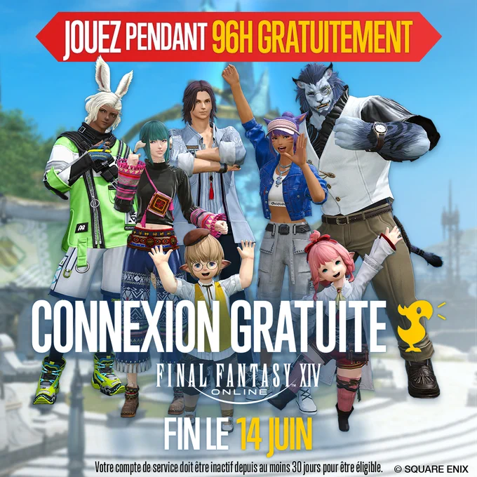 Une bannière Final Fantasy 14 sur laquelle on voit un multitude de personnages en train de se réjouir. On peut lire "Jouez pendant 96h gratuitement, connexion gratuite, fin le 14 juin, votre compte de service doit être inactif depuis au moins 30 jours pour être éligible."