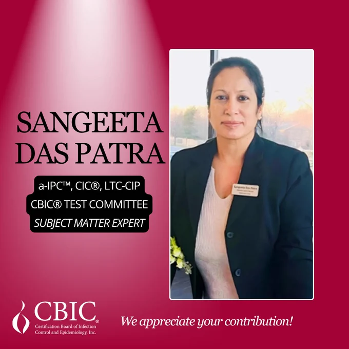 A red poster spotlighting Sangeeta Das Patra, an adult with black hair wearing a black blazer and white bouse while smiling. Sangeeta is noted as a CBIC Test Committee Subject Matter Expert.