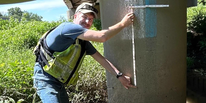 A high-water mark captured using a known elevation from the CSG for the peak rainfall event of the year at Little Osage River near Horton MO.
