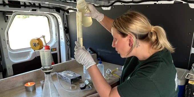 Processing a bacteria sample collected from the Grand River near Sumner, MO, to determine Total Coliform and E. Coli concentrations in the river.