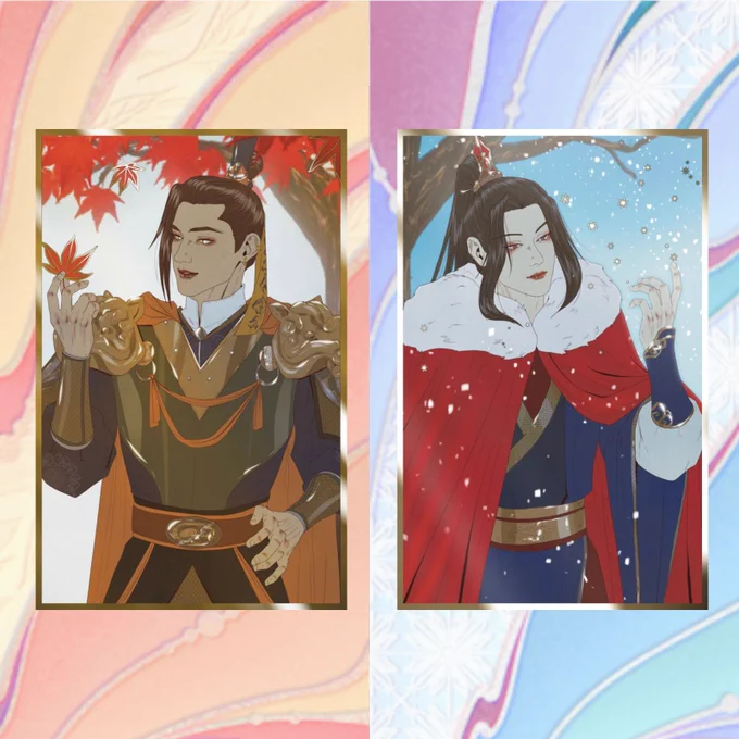 Swirly background of the merch box logo, with warm colours on the left and cold ones on the right. The exclusive photocards of Feng Xin and Mu Qing are showcased.
