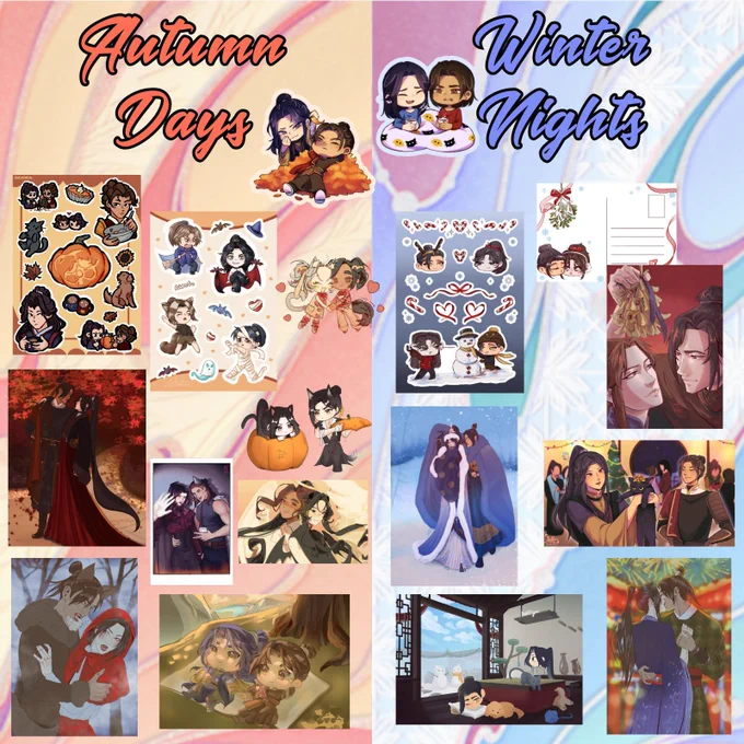 Graphic illustrating the flat items in the joint bundle. The image is divided in two; the left side has a swirly orange background and the autumn items. Top left the text 'Autumn Days' is written in cursive orange font. The right side has a blue swirly background and the winter items. Top left the text 'Winter Nights' is written in cursive blue font