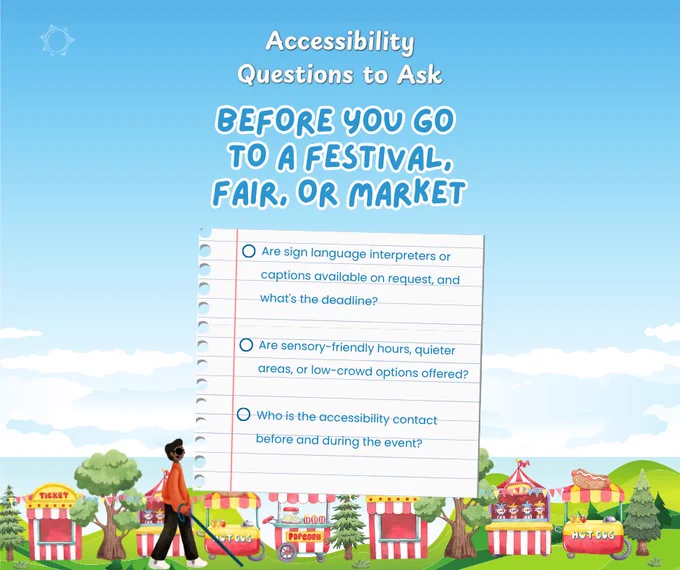 Graphic titled “Accessibility Questions to Ask Before You Go to a Festival, Fair, or Market.” Checklist questions ask whether sign language interpreters or captions are available by request, whether sensory-friendly hours or quieter areas are offered, and who the accessibility contact is before and during the event.