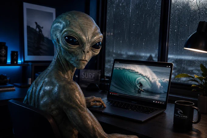 Enquanto a chuva cai lá fora, o AlienSurf passa horas estudando tubos perfeitos da Terra. 👽🌊💻

Dizem que ele cruzou galáxias inteiras só para entender como um surfista consegue desaparecer dentro de uma onda.

Setup noturno, café na mesa, filme de surf rolando e aquele olhar clássico de quem acabou de encontrar o meaning of life no YouTube do surf. 🌌✨

#AlienSurf #Surf #TubeRiding #SurfCulture #WaveLife #SurfMovie #NightSession #SciFiSurf #OceanEnergy #SurfReport