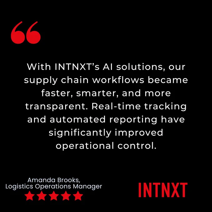 Supply chain efficiency is no longer just about moving products faster.
It’s about having real-time visibility, accurate reporting, and smarter operational control.

We’re proud to help businesses simplify complex workflows with AI-driven automation that creates measurable impact.

👉 Looking to modernize your supply chain operations? Let’s connect.
*
*
*
#automation #INTNXT #AIAutomation #AIforBusiness #SupplyChain #supplychainsolutions