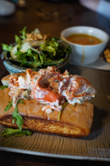 Classic lobster roll served on a toasted bun with fresh lobster meat, accompanied by a side salad and dipping sauce.  