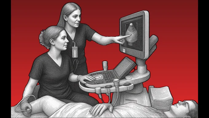 An illustration of two screening techs performing a vascular screening on a patient. They are all in grayscale, while the background of the image is Stony Brook red with two black stripes on each of the sides of the image.