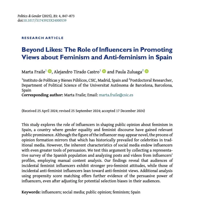 Research article titled "Beyond Likes: The Role of Influencers in Promoting Views about Feminism and Anti-feminism in Spain" by Marta Fraile, Alejandro Tirado Castro, and Paula Zuluaga