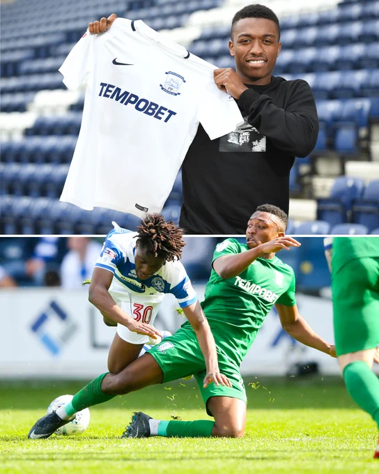 A photo of Darnell Fisher signing for Preston North End, and a photo of him tackling QPR's Eberechi Eze. 