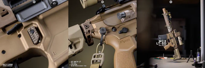 RailScales QTR Stop, Karve-P M-LOK Hand Stop, G10 RailScales M-LOK Scales (Dragon, TerraCore, 3-Slot & 4-Slot), LAO Sling Mount, Hardtop Mount for Scout Light Pro Lights, MCX CSMR Mag Button | Sig Sauer MCX-SPEAR LT SD (6.75" 300BLK SBR) w/ SLH762Ti Suppressor in Coyote, EOTech OGL Laser w/ Unity Tactical ModButton Lite, Surefire M640U-Pro Scout Light Pro Light w/ CSM-07 M-LOK Switch, Magpul 30rd 300BLK PMAG, Sig Sauer Romeo9T RDS & Juliet4 Magnifier, Poi Tac ST-MCX-LT Sling Mount, Magpul SL-M Stock, Blue Force Gear 1.00" ULoop Sling Attachments.