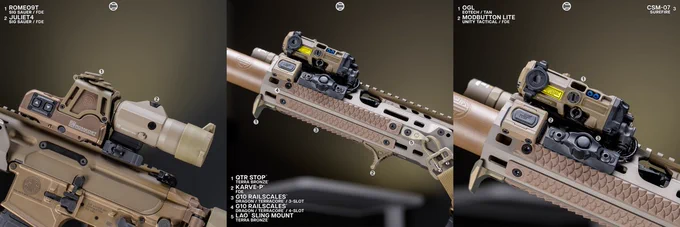 RailScales QTR Stop, Karve-P M-LOK Hand Stop, G10 RailScales M-LOK Scales (Dragon, TerraCore, 3-Slot & 4-Slot), LAO Sling Mount, Hardtop Mount for Scout Light Pro Lights, MCX CSMR Mag Button | Sig Sauer MCX-SPEAR LT SD (6.75" 300BLK SBR) w/ SLH762Ti Suppressor in Coyote, EOTech OGL Laser w/ Unity Tactical ModButton Lite, Surefire M640U-Pro Scout Light Pro Light w/ CSM-07 M-LOK Switch, Magpul 30rd 300BLK PMAG, Sig Sauer Romeo9T RDS & Juliet4 Magnifier, Poi Tac ST-MCX-LT Sling Mount, Magpul SL-M Stock, Blue Force Gear 1.00" ULoop Sling Attachments.