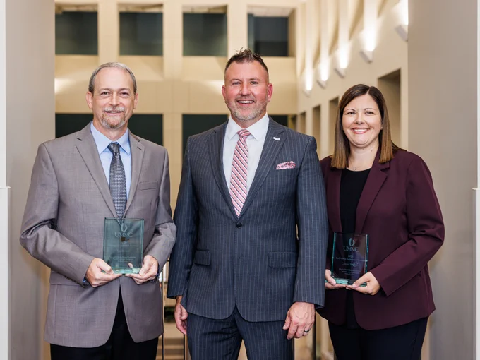 From left, Dr. Lee Brown, 2026 SHRP Alumnus of the Year, SHRP Dean Dr. Jay Garner and 2026 SHRP Early Achievement Award winner Dr. Chelsey Stephens