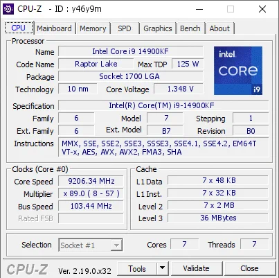 CPU-Z screenshot of an Intel Core i9 14900KF processor at 9206.34MHz.