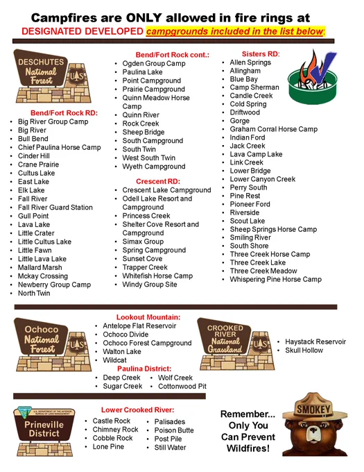 List of campgrounds where campfires are allowed.