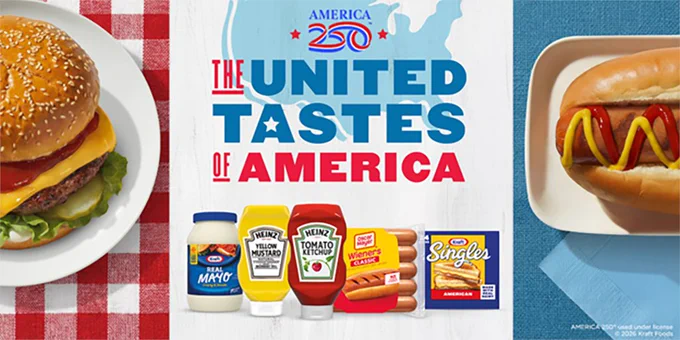 A promotional image featuring a selection of food products against a backdrop of a U.S. map. Products include a jar of Kraft Real Mayo, a bottle of Heinz Yellow Mustard, a bottle of Heinz Tomato Ketchup, a package of Oscar Mayer Wieners, and Kraft Singles cheese slices. The text reads "The United Tastes of America" with "America 250" at the top.