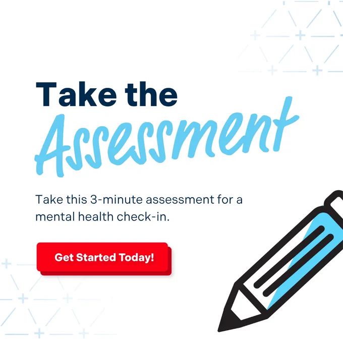 The image features the text "Take the Assessment" in bold font, encouraging viewers to take a 3‑minute mental health check‑in. A red button with the text "Get Started Today!" is beneath. A stylized illustration of a pencil is on the right side. Both the text and design have modern, clean aesthetics.