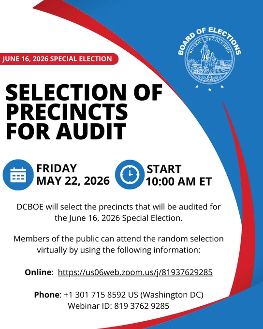 This is an informational graphic from the Board of Elections about the selection of precincts for audit for the June 16, 2026 Special Election. It states the date as Friday, May 22, 2026, and the start time as 10:00 AM ET. The event will be conducted virtually, and the public can attend using the provided Zoom link or by phone with specified details.