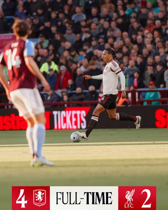 Full-time graphic for Aston Villa vs Liverpool in the Premier League.

The final score is Aston Villa 4-2 Liverpool.