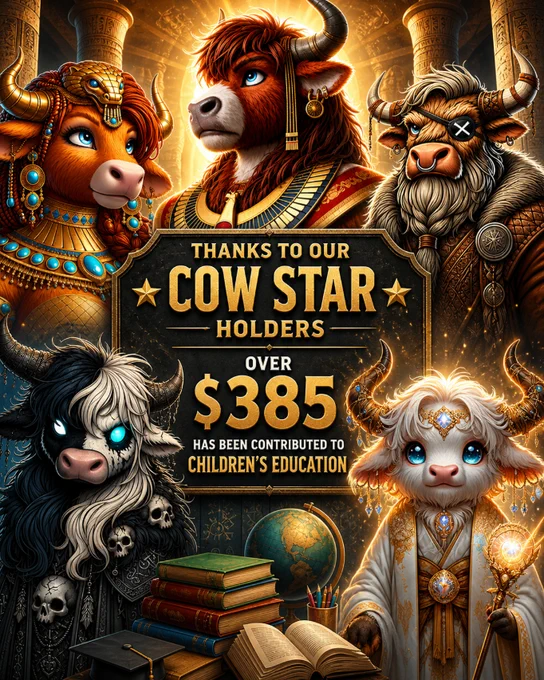A group of anthropomorphic cows dressed in elaborate costumes stand against a decorative background. The image highlights a contribution to children's education, displaying an amount over $385.