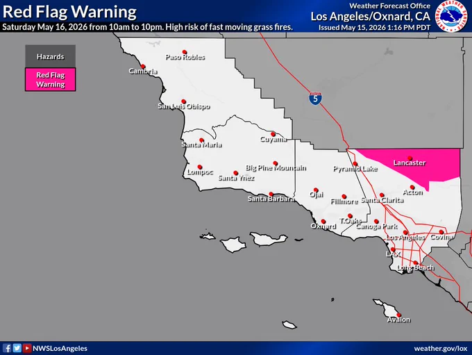 Red Flag Warning on Saturday for Antelope Valley and  the adjacent western foothills