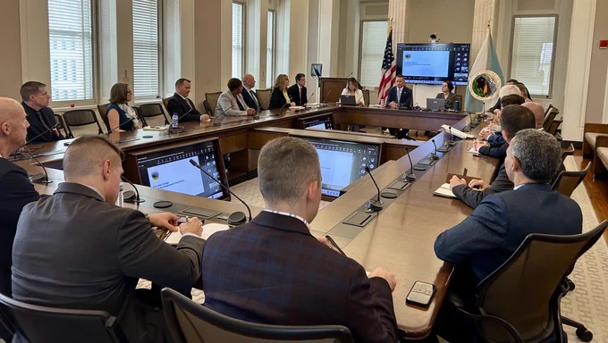 Members from BOEM and BSEE participate in a briefing with members of the U.S. Army War College in a conference room. Attendees are seated around a large table with presentation screens. 
