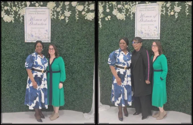 left to right, photo 1: Patricia Cathey and Dina Faticone. Photo 2: Patricia Cathey, Sarah White Smith, and Dina Faticone