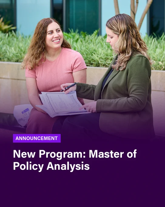 Two blonde women study outside. Text reads, over a purple gradient, ANNOUNCEMENT New Program Master of Policy Analysis 