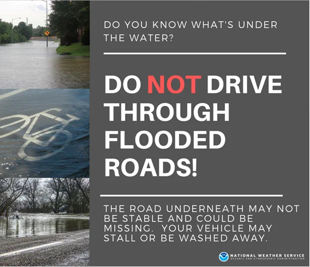A National Weather Service infographic for Texas Flood Awareness Week (May 18-22, 2026) emphasizing the "Turn Around, Don't Drown" message and warning that the majority of flood-related deaths occur in vehicles, advising against driving through flooded roadways or around barricades.