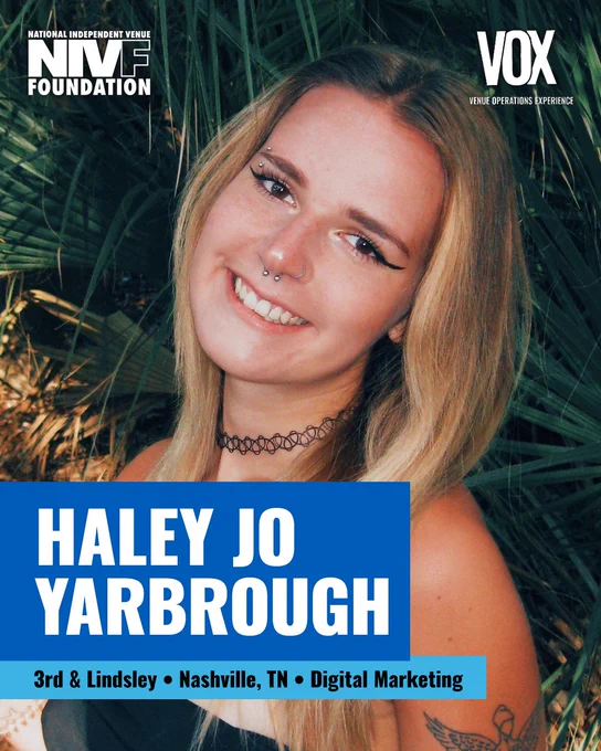 A portrait of Haley Jo Yarbrough smiling in front of greenery. The image includes text about digital marketing and the National Independent Venue Foundation.