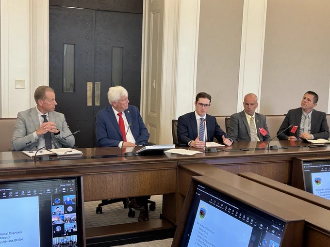 Acting Assistant Secretary for Land and Minerals Management Lanny E. Erdos, BSEE Acting Director Kenneth Stevens, and BOEM Senior Advisor Matthew Palmer participate in a briefing with members of the U.S. Army War College.