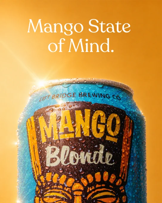 Image of a can labeled 'Mango Blonde' from Lift Bridge Brewing Co, with text 'Mango State of Mind' in the background. Bright and refreshing aesthetic.