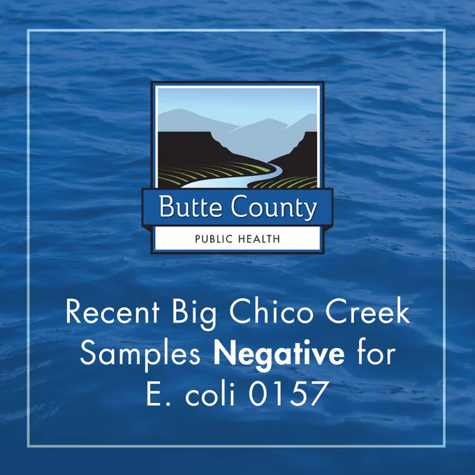 Public Health logo on a blue background with text, "Recent Big Chico Creek Samples Negative for E. coli O157"