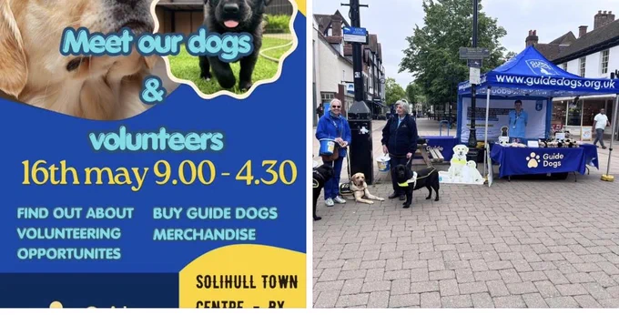 Poster advertising come and meet our dogs and volunteers Saturday 16th 9-4.30. Second pic is a guide dogs marquee ready for trading. With ; volunteers and dogs to the left