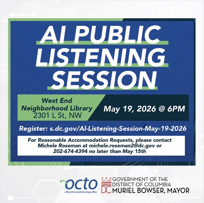 A square promotional flyer with a blue and green circuit board design. Bold white italic text reads "AI Public Listening Session." Event details: West End Neighborhood Library, 2301 L St NW, May 19, 2026 at 6PM. Registration link: s.dc.gov/AI-Listening-Session-May-19-2026. A white box at the bottom reads: For Reasonable Accommodation Requests, please contact Michele Roseman at michele.roseman2@dc.gov or 202-674-4394 no later than May 15th. OCTO — Office of the Chief Technology Officer and Government of the District of Columbia logos appear at the bottom under Mayor Muriel Bowser.

