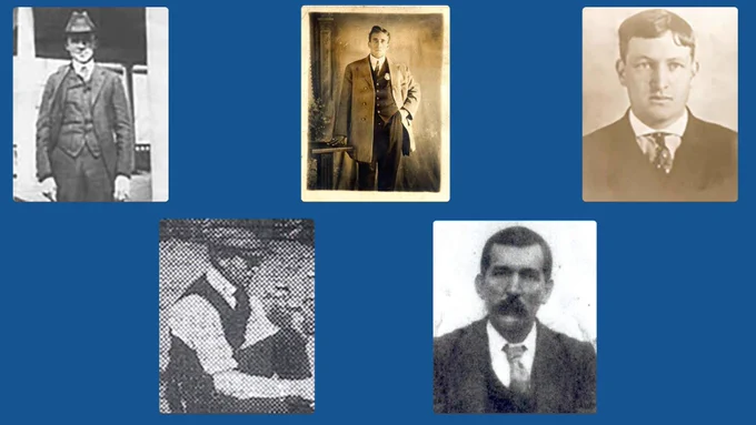 Five black and white portraits of men on a blue background.