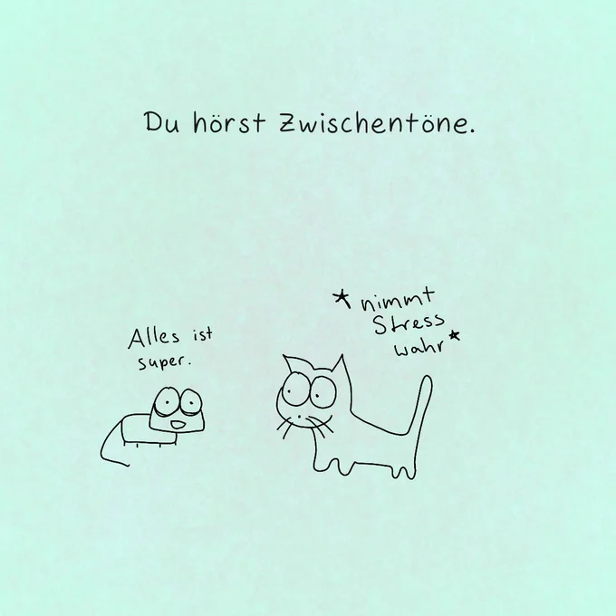 "Du hörst Zwischentöne"

Gecko sieht ganz schön fertg aus, behauptet aber "Alles ist super!"

Glotzi bemerkt das! Sie nimmt den darunterliegenden Stress wahr (hier ist das Anzeichen Geckos Augenringe).