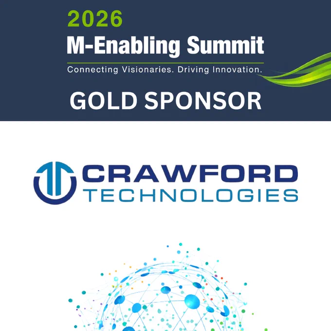 A dark blue and white backdrop with decorative green swoosh and interconnected, multi-colored globe behind text, 2026 M-Enabling Summit. Connecting Visionaries. Driving Innovation. Gold Sponsor. Crawford Technologies.