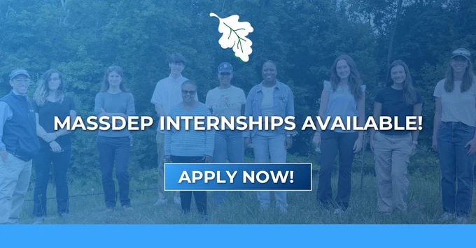 MassDEP Internships Available, with a picture of former interns and staff, Apply Now!