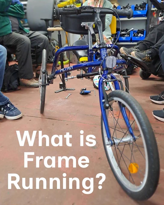 A photo of a blue child frame runner in a workshop with the text asking 'What is Frame Running?'