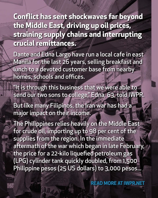 Conflict has sent shockwaves far beyond the Middle East, driving up oil prices, straining supply chains and interrupting crucial remittances. IWPR's @FajardoRorie writes from the #Philippines.
#Iran #Conflict #Economy